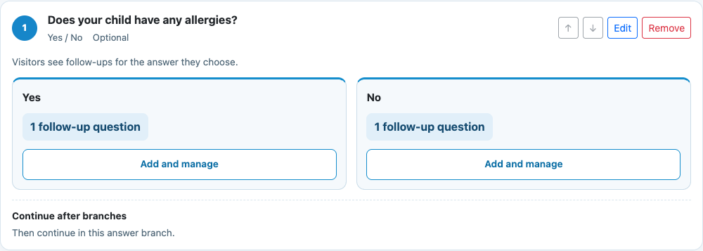 Nested Yes/No question inside the Children’s program branch, with separate Yes and No follow-up management controls