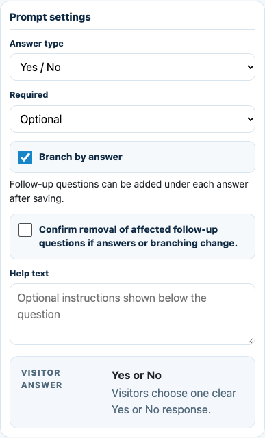 Admin prompt settings with Yes / No answer type and Branch by answer enabled