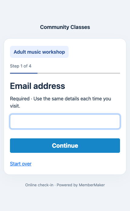 Browser check-in displaying the selected Adult music workshop event above the email step