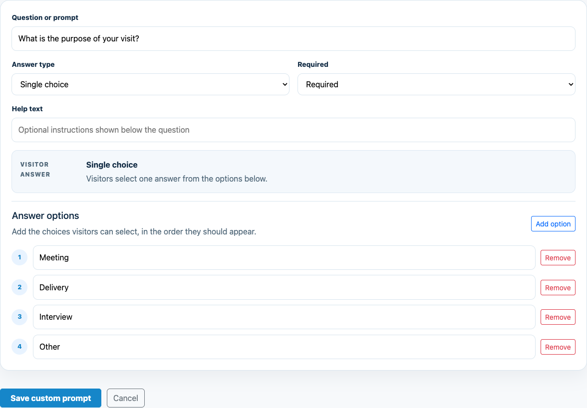 MemberMaker custom visitor form builder editing a single-choice question