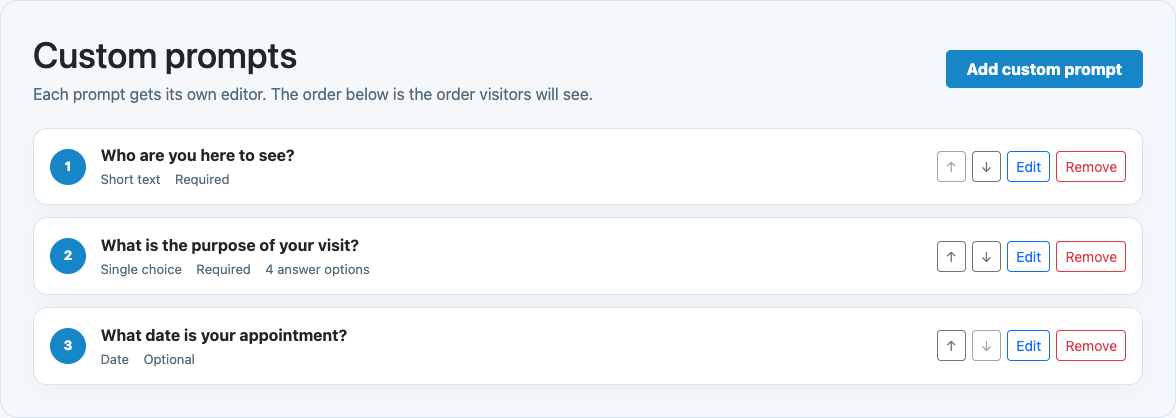 MemberMaker dashboard showing custom text, multiple-choice, and date prompts inside a reorderable visitor prompt group