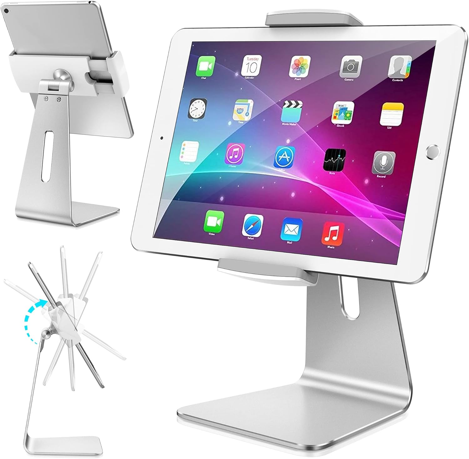 iPad tabletop stand showing its stable base, adjustable tilt, and cable opening