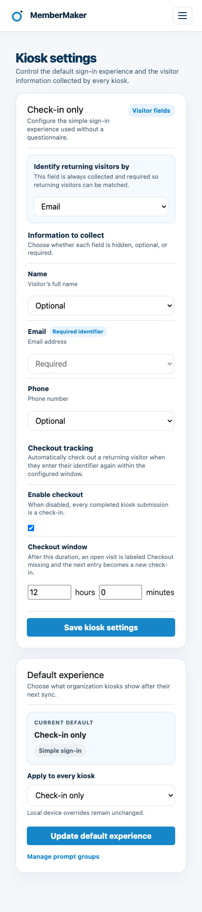 MemberMaker checkout settings with automatic checkout enabled and a configurable time window
