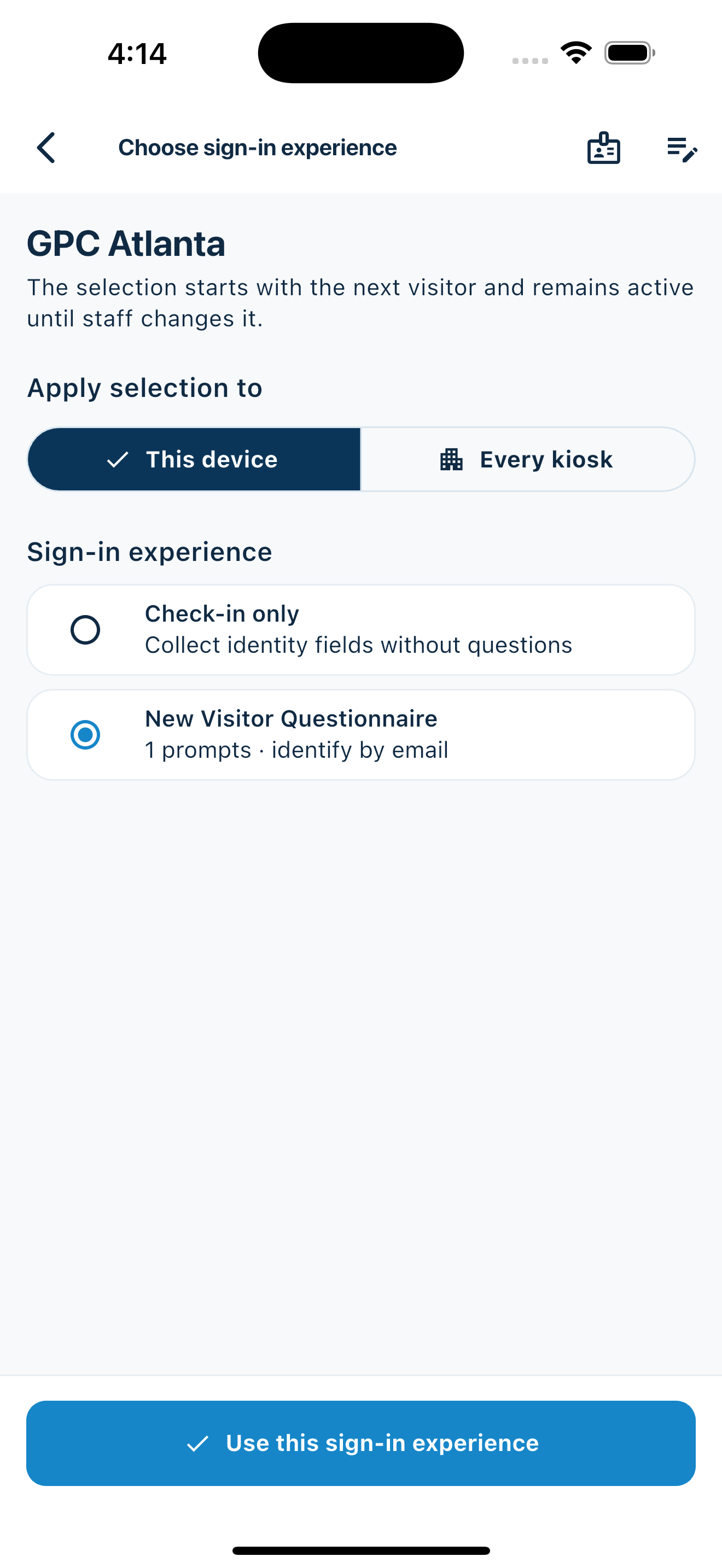 MemberMaker choosing a prompt group for this device or every kiosk