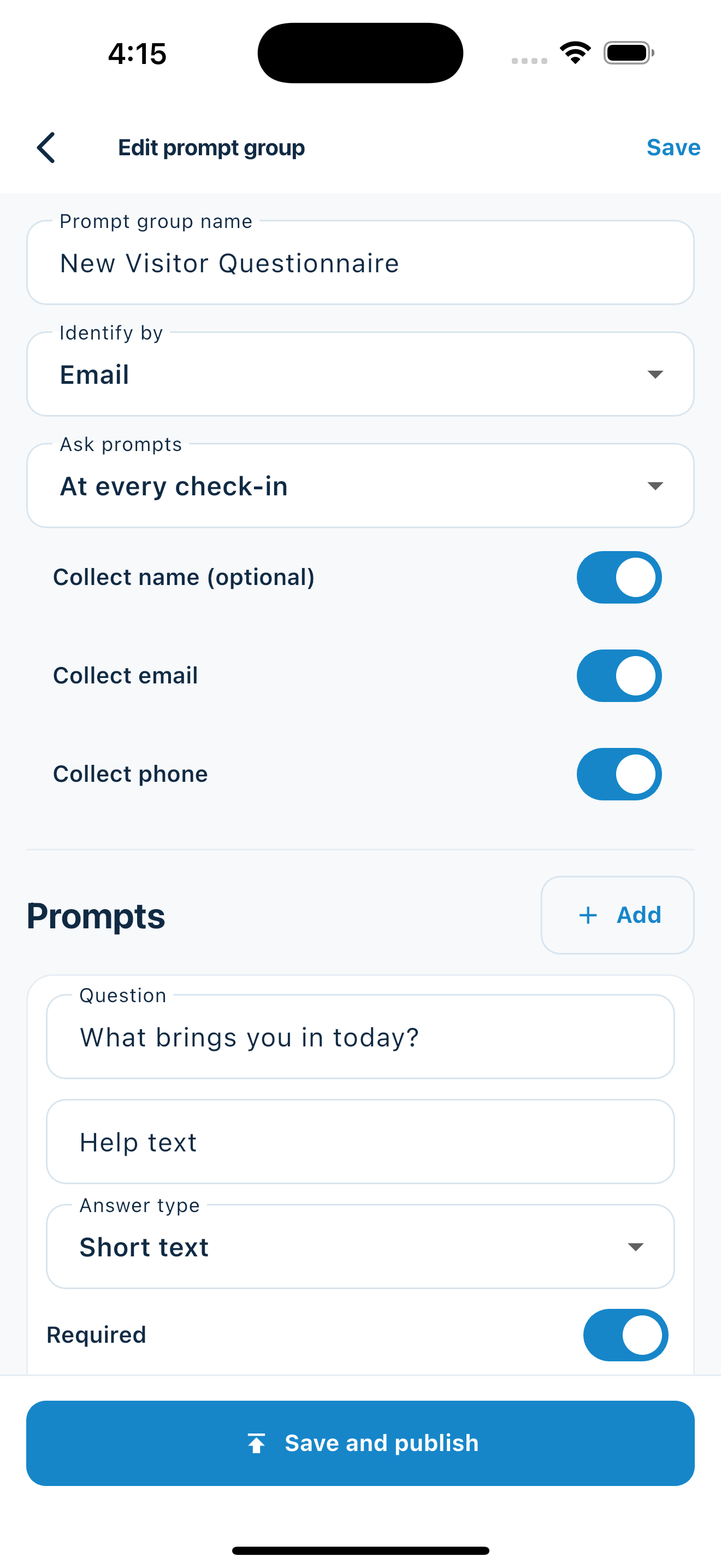 MemberMaker prompt group editor showing identity settings, collection options, and a required custom question