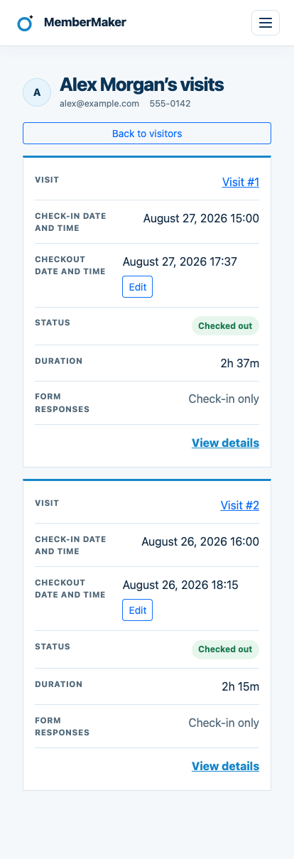 MemberMaker volunteer visit history showing check-in, checkout, status, and duration